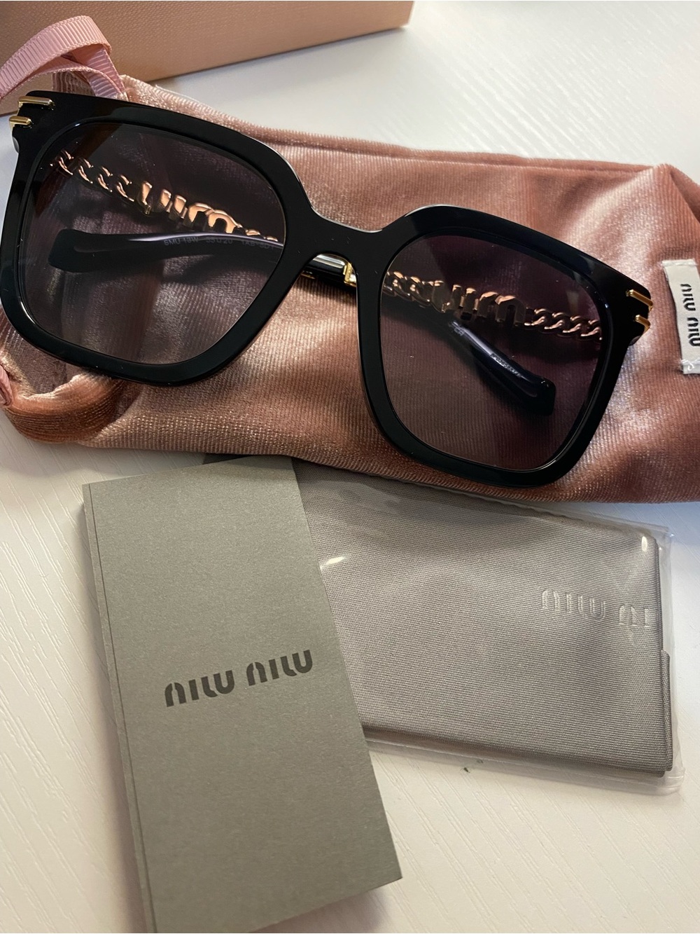 Miu Miu Black Square Sunglasses with Gold Chain Detail NWT